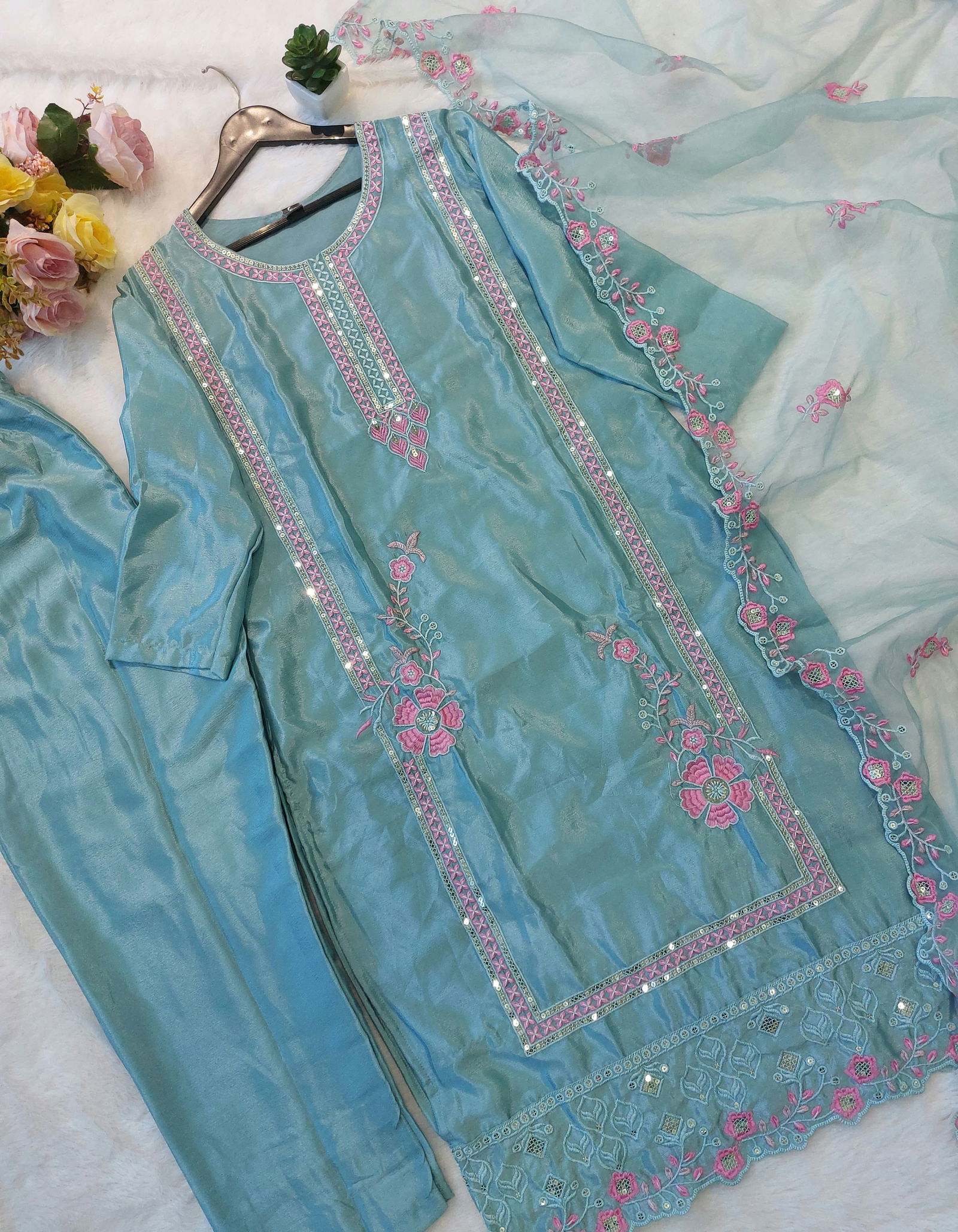 Keshav Chinon Embroidery Kurti With Bottom Dupatta Wholesale Price in Surat